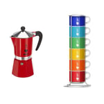 Bialetti 4963 Cafetière Italienne, Aluminium, Rouge, 6 Tasses & Six tasses empilables, multicolore, porcelaine