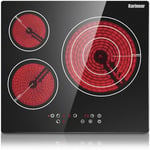 Karinear Plaque de cuisson en céramique intégrée 3 feux, Table de cuisson électrique en verre cristal noir avec commande tactile, Minuterie, verrouillage pour enfants, 5700w, pas de prise incluse