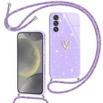 Yichxu Coque pour Samsung Galaxy S24 5G avec Cordon, Glitter Souple Silicone Housse avec Collier, Réglable Lanyard Case avec Motif Coeur d'amour, Etui Antichoc Protection Cover pour Samsung S24 Violet