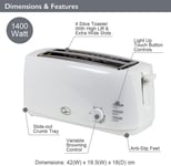 Quest 4 Slice Toaster Extra Wide Long Slots for Crumpets and Bagels -6 set white