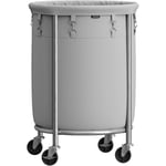 Tvättkorg på hjul, tvättvagn 110L, rund tvättkorg med stålram och avtagbar väska, 4 hjul och 2 bromsar, grå och silver RLS002G01