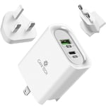 CANI TECH Foldable Dual Port White USB C Travel Fast Charger Adapter PD3.0 + QC3.0 Fast charging wall charger for iPhone 12/12 Pro Max and Android Mobiles 30W output (US/UK/EU Plug)