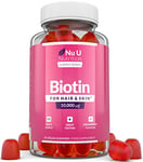 Biotin Hair Gummies 10,000mcg - 90 Vegan Gummies - Strawberry Flavour - Supports Normal Skin & Hair Growth - Chewable Hair Vitamins - Made in The UK - Nu U Nutrition