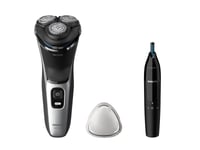 Philips Shaver 3000 Series S3143/02 Elektrisk Rakapparat För Våt- Och Torrakning, Roterande Rakhuvud, Svart, Silver, Powercut Blade System, Sh30, 2 År, Batteri