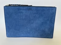 New Polo Ralph Lauren Large Blue Croc-patterned Suede Leather Zip-top Pouch