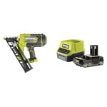 Ryobi - Cloueur de finition incliné 15G à air comprimé 18V - pointe de 25 à 64 mm - tête 1,8 mm - inclinaison 34° - chargeur 110 pointes - Livré avec 100 pointes - 1 batterie 2Ah et 1 chargeur rapide