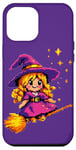 Coque pour iPhone 12 Pro Max Pixelated Petite sorcière violette sur un balai pour enfants