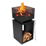 Brasero Barbecue Exterieur 85 x 39 cm sur Pied avec Écran Anti-Étincelles Rangement Bois Decoration Jardin