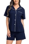 Lovasy Pyjama Coton Femme Short Ensemble Pyjamas Légers Col V Manches Courtes Chic Été 2 Pièces Vêtements de Nuit Court Boutonnée A Bleu Marine L