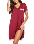 Ekouaer Chemise de Nuit Femme Maternité Robe de Nuit été Coton Nuisette Allaitement Col V Pyjama Sexy Manches Courtes, Vin Rouge, M