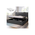 Lit Avec Tiroirs 160x200 cm, Lit Boxspring avec rangement latéral & tête de lit, éclairage led, & prise usb, Cadre de lit avec sommier à lattes