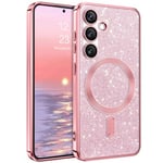 VENINGO for Samsung S24 Case, S24 Case Glitter, Compatible with Mag Safe Cute Bling Shiny TPU Bumper Shockproof Plating Edge Slim Girly Women Protective Case for Samsung Galaxy S24 Phone Case, Pink