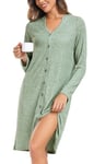 Vlazom Chemise de Nuit Femme Hiver à Manches Longues Robe de Nuit Chaude Col en V Vêtements de Nuit avec Boutons，Vert Clair，L