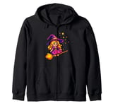 Pixelated Little Purple Witch on a Broomstick for Kids Zip Hoodie