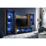 Ensemble de Meubles Tivoli Medio, Wotan/Noir, Largeur 245cm x Hauteur 159cm x Profondeur 35cm, led Blu, 3 étagères, pour Salon, Chambre, Entrée