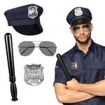 Boland 01410 - Set de police, casquette, lunettes de fête, insigne et matraque 33 cm, noir-argent, shérif, policier, déguisement, carnaval, fête à thème