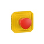 Coup de poing d'urgence poussoir déverrouillage 1/4 tour étanche plexo avec enjoliveur jaune et bouton rouge Legrand 069549L