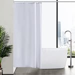 Furlinic Petit Rideau de Douche Blanc Anti Moisissure Tissu en Polyester Imperméable Rideaux de Douche Textile Lavable pour Baignoire ou la Salle de Bain 6 Crochets de Rideau Douche-100x200cm.