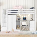 Lit enfant mezzanine 90 x 200 cm, Multifonctionnel lit enfant en bois de pin avec escalier de rangement, armoire, Bureau et tiroirs armoire - Blanc