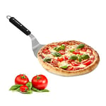 Relaxdays Pelle à pizza, manche en bois, ronde, à suspendre, pelle LxP: 16,5x17,5 cm, acier inoxydable, argenté/noir