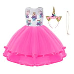 URAQT Robe Licorne Enfant de Princesse, Robes Licorne Fille avec Serre-tête et Collier, pour Cosplay et Le Mariage et Les Parties et Halloween,Rose Rouge,100 pour Les 2-3 Ans