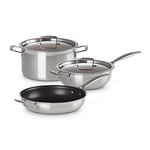 LE CREUSET 3-Ply Stainless Steel 3-Piece cookware Set, Contains: 28cm Non-Stick Frying pan, 24cm Chef's pan with Lid and 24cm Deep Casserole with Lid