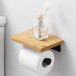 Ccykxa - Porte Papier Toilette Noir Adhésif avec Etagère Bambou Porte Rouleau Porte Papier Toilette Mural sans perçage en Acier Inoxydable SUS304,