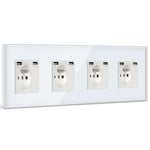 BSEED Quadruple Prise Murale avec 2 Ports USB,16A Prise de Courant Alternatif avec Panneau en Verre,Multiprise Murale Max 2.1A,Convient au Smartphone, à la Tablette (4 Prise avec 2 Ports USB,Blanc)