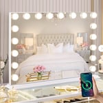 FENCHILIN Miroir Maquillage avec 18 Ampoules LED Miroir Coiffeuse Lumineux avec Port USB Grand mirroir maquilleur Lumineux avec 3 Modes déclairage Miroir Hollywood Coiffeuse Blanc 80x60 cm