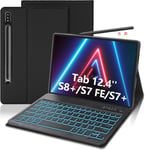 Étui Clavier Pour Samsung Galaxy Tab S7 Fe/S7 Plus/S8 Plus 12,4"", Azerty Français Clavier Bluetooth Rétroéclairé Magnétique Détachable Coque For S8+/S7+/S7 Fe, Noir