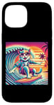 Coque pour iPhone 15 Chat amusant surfeur hawaïen coucher de soleil tropical paradis surfeur