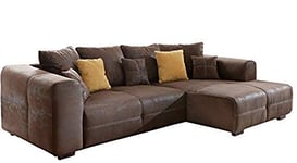 Cavadore Mavericco Canapé d’Angle en Microfibre avec Chaise Longue à Droite, Pieds en Bois et Coussins, Aspect Cuir Vieilli, 285 x 69 x 170 cm, Marron