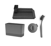 Brabantia Large Dish Drying Rack with Draining Tray, Dark Grey Sink Organiser with Removable Tray, Dark Grey Dish Brush with Suction Cup Holder, Dark Grey, 11 x 23.5 x 6 cm