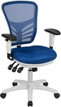 Flash Furniture Fauteuil de Bureau Ergonomique pivotant Multifonction accoudoirs réglables, Métal Plastique Bois d'ingénierie Mousse, Maille Bleue/Cadre Blanc, Set of 1