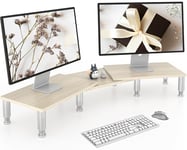 AX WABER Support de moniteur double avec longueur et angle réglables, support de moniteur en bois pour bureau, rehausseur de moniteur pour 2 moniteurs avec espace de rangement, grain de bois clair