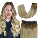 Fshine Wire in Human Hair Extensions 70g 14inch 35cm Color 16 Color 6 Fading to 27 Honey Blonde and 60 Platinum Blonde Invisible Fish Line Wire in Hair Extension Natural Secret Hair Extensions