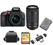 NIKON D5600 reflex 24.2 mpix TWIN KIT AF-P 18-55 F3.5-5.6G VR AF-P 70-300MMF4.5-6.3 ED VR DX + SD 64Go + Sac + Battery