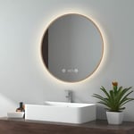 Emke - Miroir lumineux salle de bain rond diamètre 60cm Cadre Doré, Miroir led avec Interrupteur Tactile, Anti-buée, Horloge et Temperature, Lumière