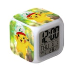 Wekity Pikachu Färgglad Väckarklocka LED Kvadratisk Klocka Digital Växklcka med Tid, Temperatur, Alarm, Datum