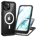 Lanhiem Coque pour iPhone 15 Étanche - Antichoc [Compatible avec MagSafe] Incassable 360 Intégrale [avec Protection Écran+Camera] IP68 Waterproof Chantier Antipoussière pour iPhone 15 (6.1) - Noir