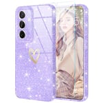 Fingic for Samsung S24 Plus Case[with 1x 9H Tempered Glass Screen Protector] Clear Glitter Cute for Women Girls Slim Phone Cases Shockproof Bumper Protective Antiscratch Soft Silicone Cover,(Purple)