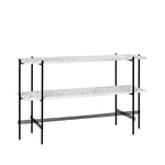 GUBI TS Console table 120x30x72 cm White carrara marble, black legs, 2 marble shelves