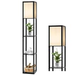 COSTWAY Lampadaire d'Etagère, Lampe Debout pour Chambre à Coucher, Salon, Cadre en Bois avec Etagères d'Affichage Ouvertes de 3 Niveaux, Lampe de Plancher avec Abat-jour, Noir