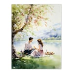 Summer Romance Watercolour Painting Picnic By The Lake Under A Cherry Blossom Tree Bedroom Art Unframed Wall Art Print Poster Home Decor Premium