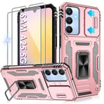 Jshru for Samsung A25 5G Phone Case with Screen Protector [2 Pack] and Slide Camera Cover,Galaxy A25 Shockproof Protection Case,Ring Kickstand Phone Cover for Samsung Galaxy A25,Rose Gold