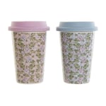 DKD Home Decor Mug Bleu Vert Rose Silicone Porcelaine Fleurs (400 ml) (3 pièces)