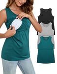 Sosolism Maternity Pajama Tops Nursing Cami for Breastfeeding Pullover Base Layer Shirts, Green/Black/Grey, L