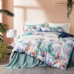 Housse de Couette 240x260cm Bleu Blanc Floral Fleurs Feuilles Singe Ado Parure de Lit 2 Personnes avec Fermeture Éclair Adultes Housse Couette en Microfibre avec 2 Taie d'oreiller 65x65 cm