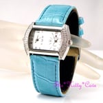 Designer Turquoise Silver Dual Dial Twin Time Zone Watch w/ Swarovski Crystals