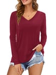 Florboom Ladies Long Sleeve Tops Casual V Neck Shirts Long Sleeve Loose Blouse Burgundy Size 18 20